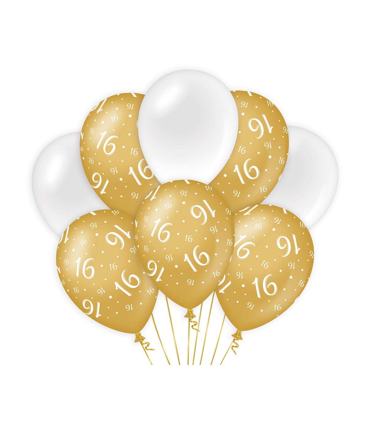 8st Ballonnen 16 Jaar Goud/Wit 12"