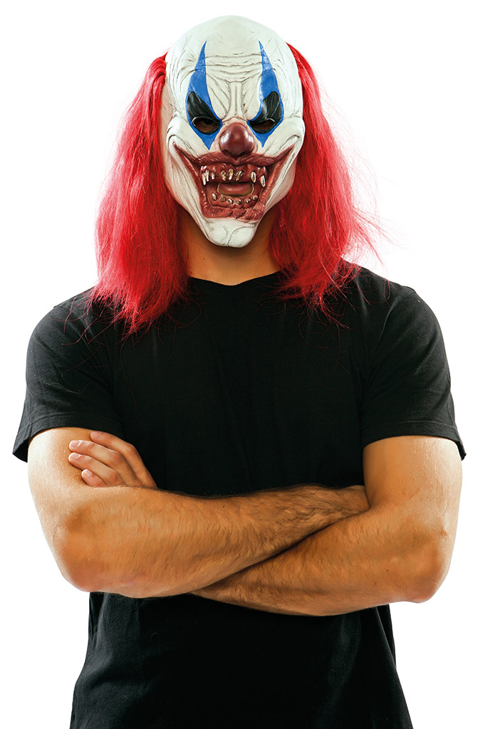 Rubber Masker Duivelse Clown Rood Lang Haar