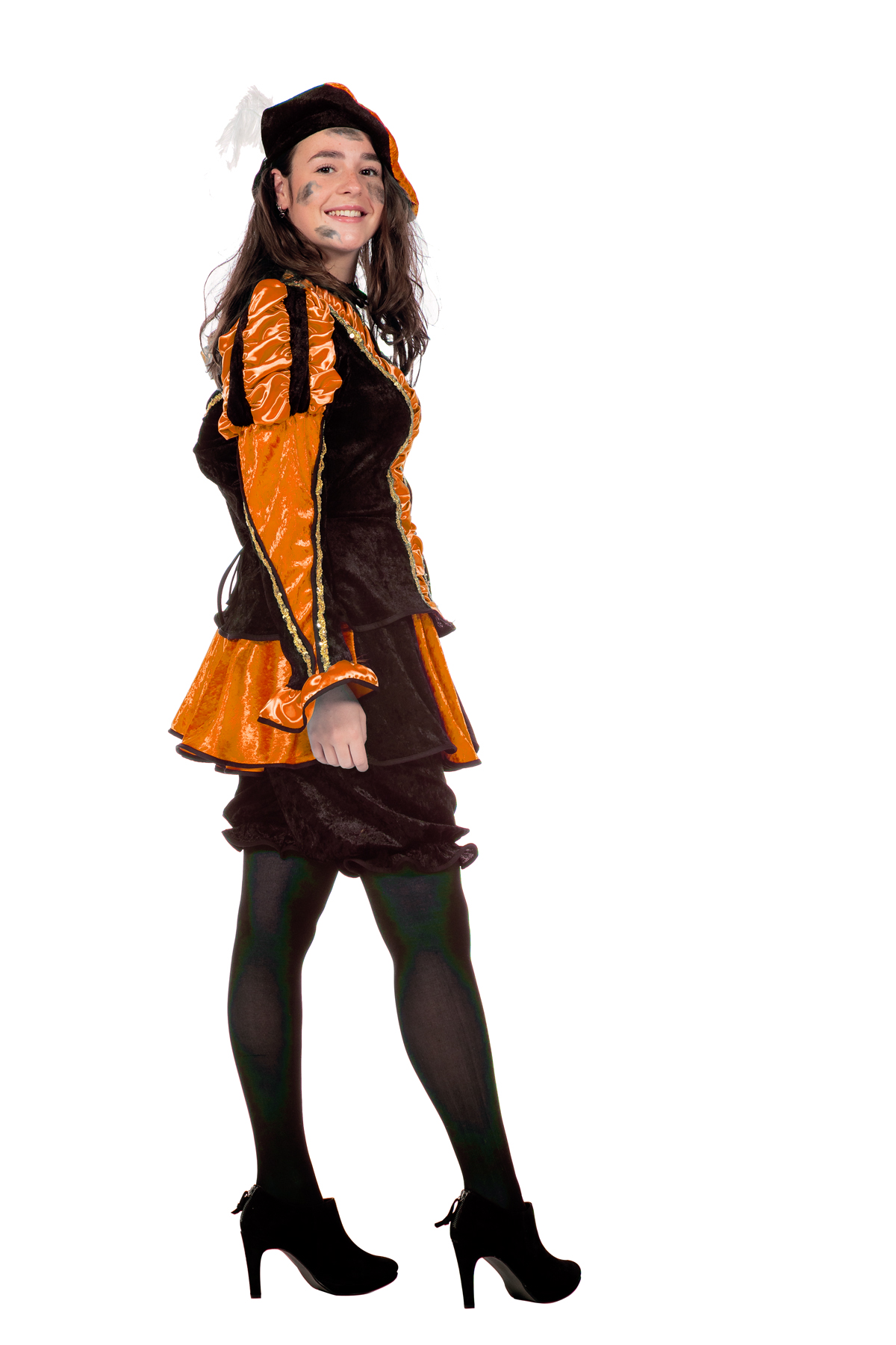 Kostuum Damespiet Oranje/Zwart