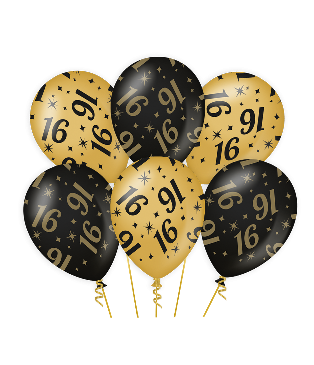 6st Ballonnen 16 Jaar Goud/Zwart 12"