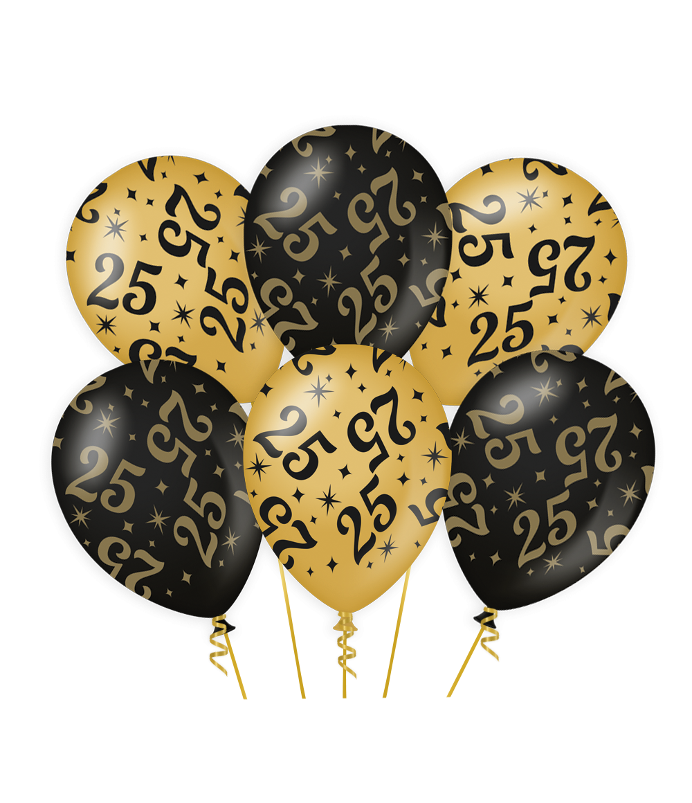 6st Ballonnen 25 Jaar Goud/Zwart 12"