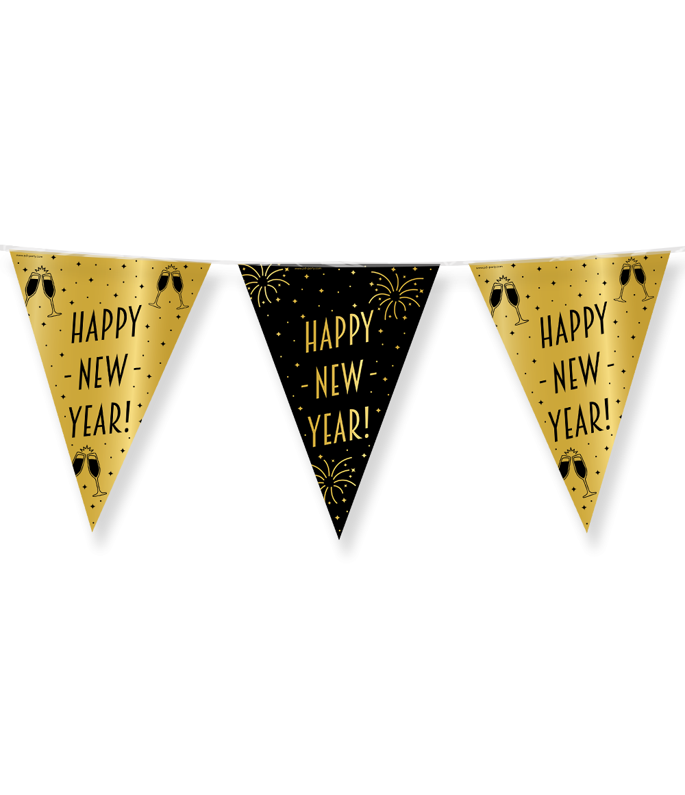 10m Vlaggenlijn Goud/Zwart Happy New Year