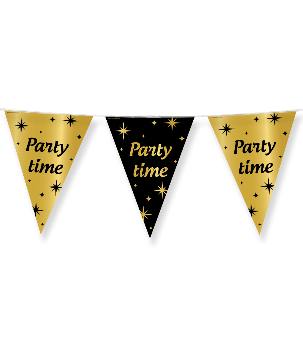 10m Vlaggenlijn Goud/Zwart Party Time