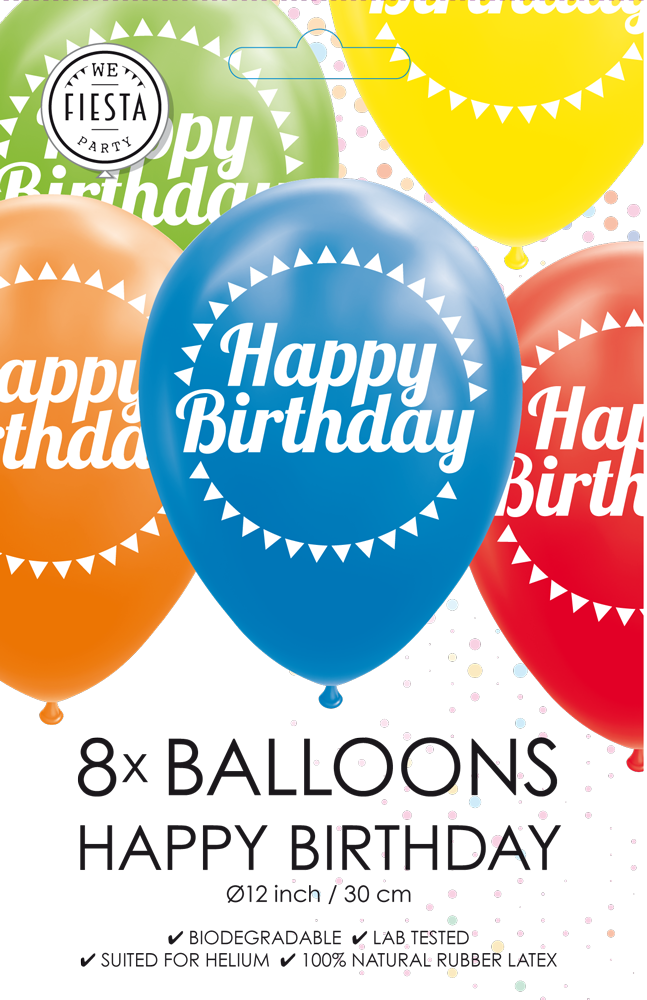 8st Helium Ballonnen Ass Happy Birthday 12"