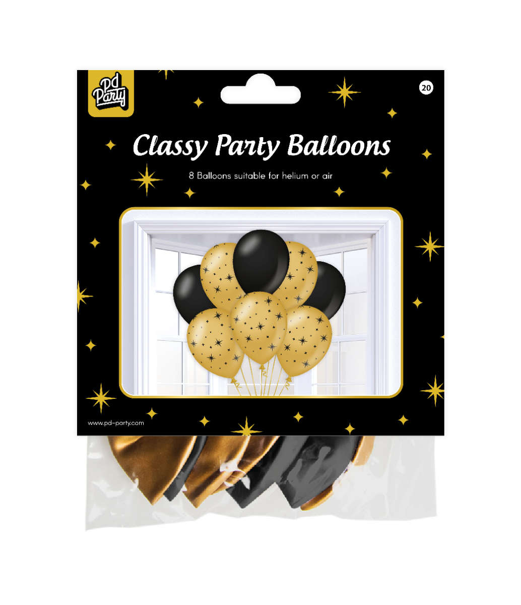 8st Ballonnen Stars Goud/Zwart 12"