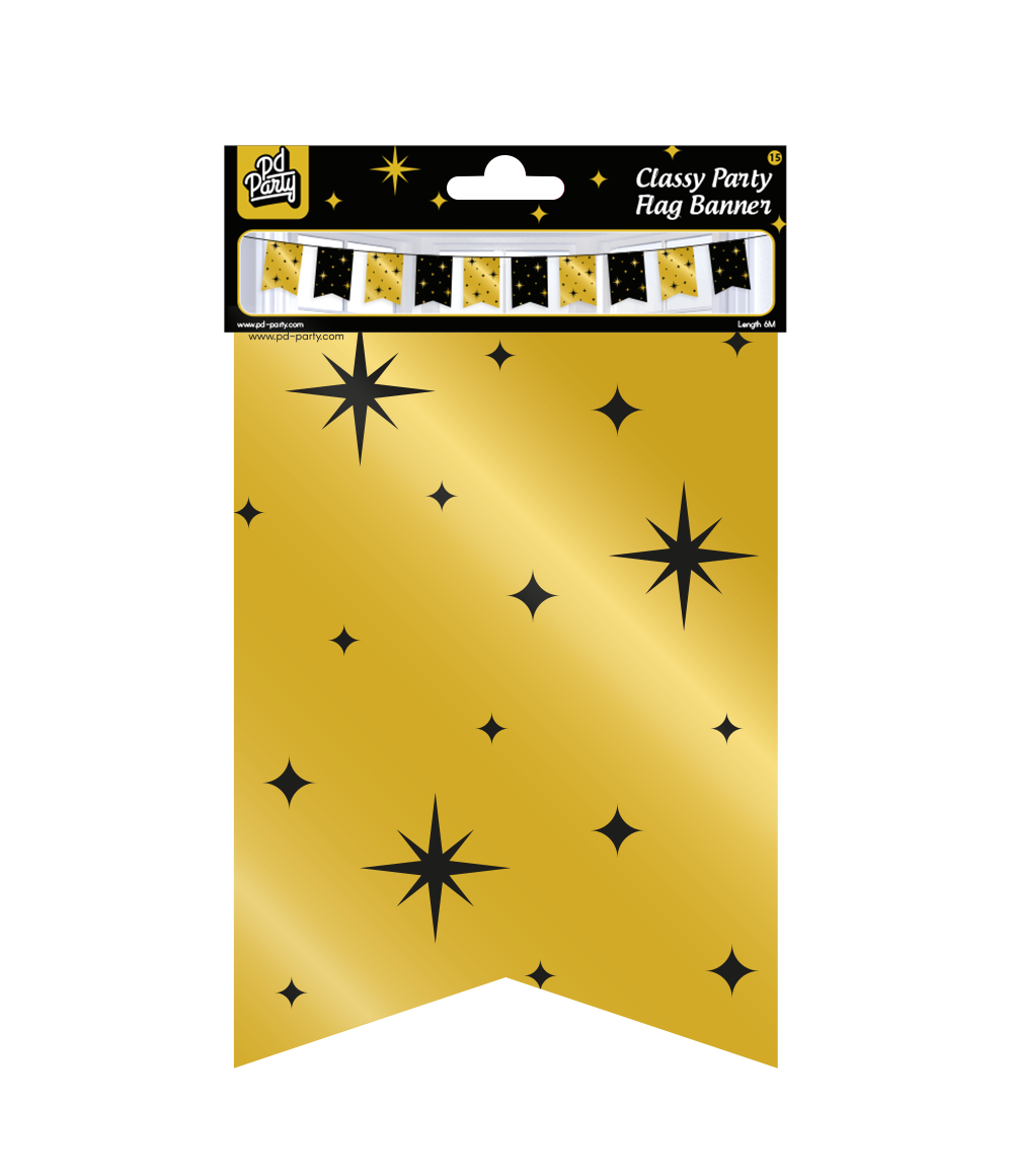 6m Vlaggenlijn Goud/Zwart Stars