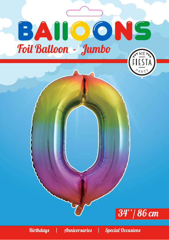 Folieballon Cijfer "0" Regenboog 86cm