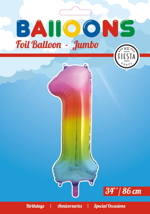 Folieballon Cijfer "1" Regenboog 86cm