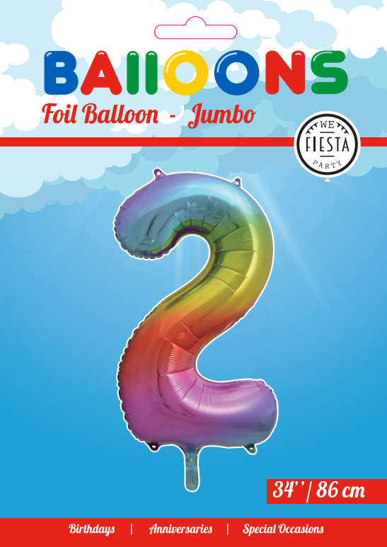 Folieballon Cijfer "2" Regenboog 86cm