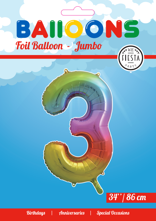 Folieballon Cijfer "3" Regenboog 86cm