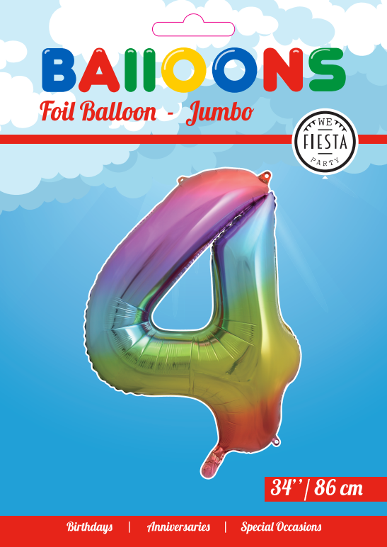 Folieballon Cijfer "4" Regenboog 86cm