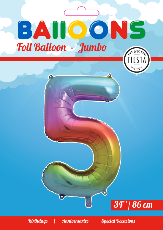 Folieballon Cijfer "5" Regenboog 86cm