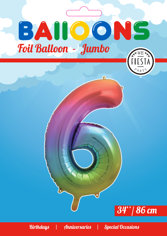 Folieballon Cijfer "6" Regenboog 86cm