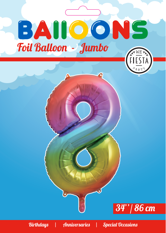 Folieballon Cijfer "8" Regenboog 86cm