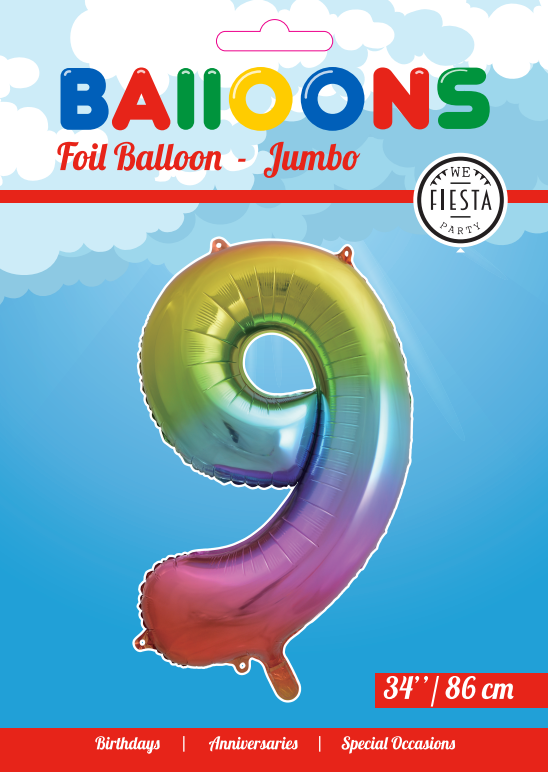 Folieballon Cijfer "9" Regenboog 86cm