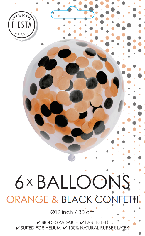 6st Ballonnen met Confetti Zwart/Oranje 12"
